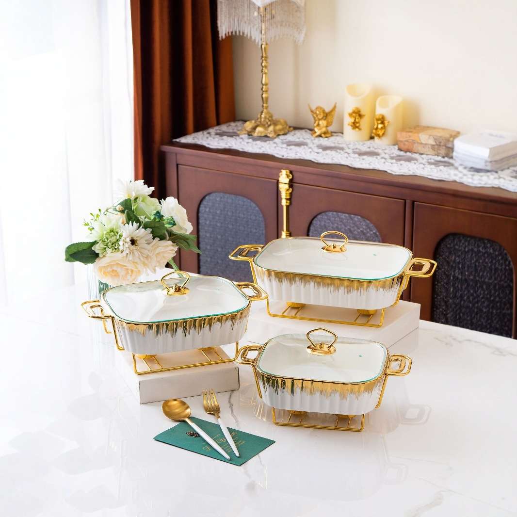 casserole金色条纹烤盘长方形陶瓷烤盘加热干汤锅pot bake ware