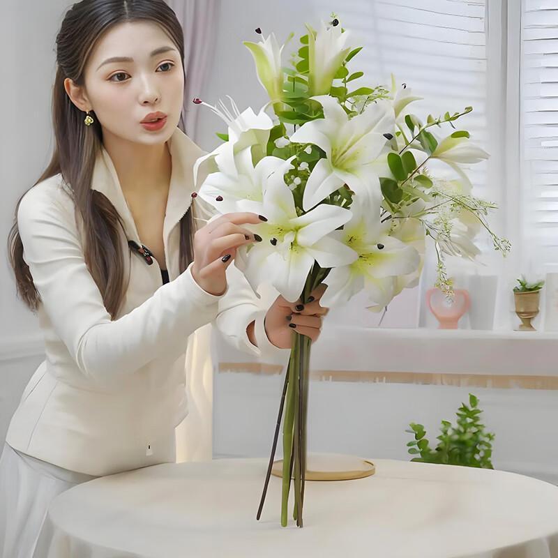 百合花仿MN-百合真花花束高档轻奢高端插花假装花饰摆件花卉花瓶