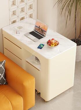 OYQ家用茶桌可小缩旋转奶油风岩板茶台小户型阳台茶移桌椅伸组合