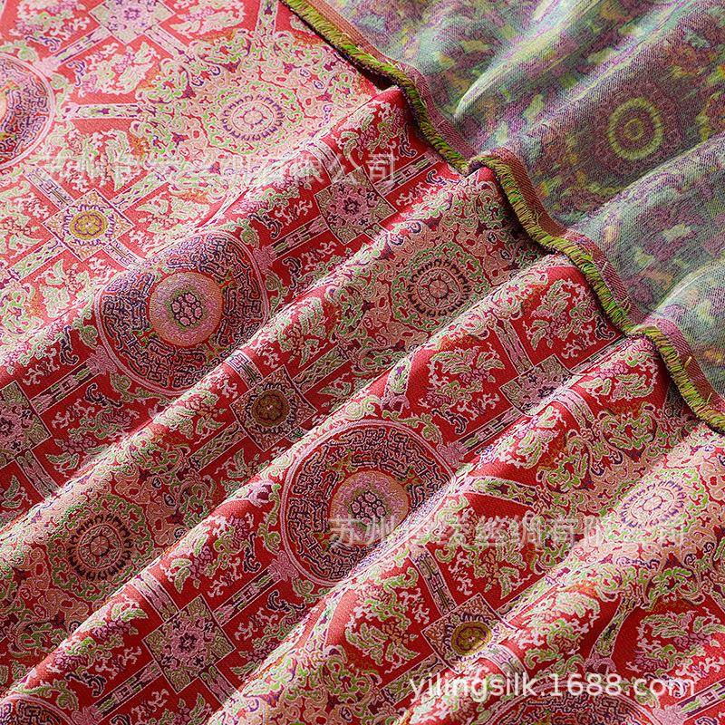 正宗六重纬晕老宋锦布料八达运青红地IEQ凤夔龙面纹料