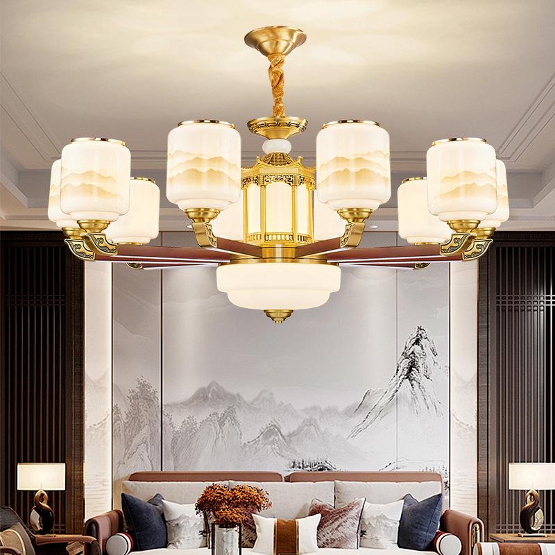 新中全吊铜灯木客厅灯中国风大气新款餐厅灯别墅751复式实楼挑式