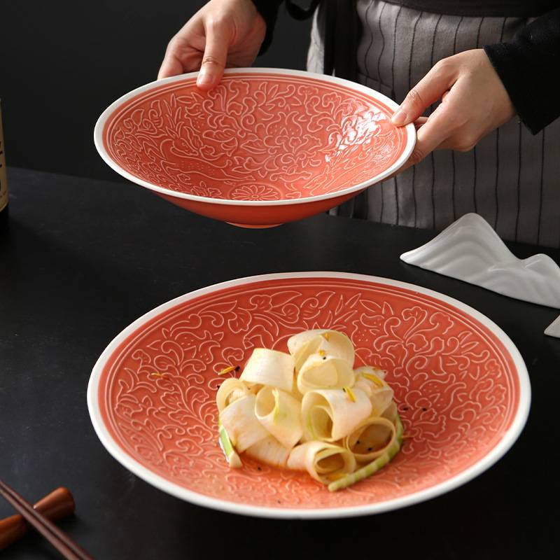 中式经典复古鹿纹斗笠碗 特色餐具浮雕陶瓷碗11寸凉菜大碗创意盘