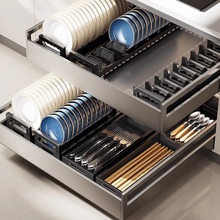 不锈钢碗碟收纳层架厨房置物架抽屉内置放盘子沥水碗架柜内分隔拉