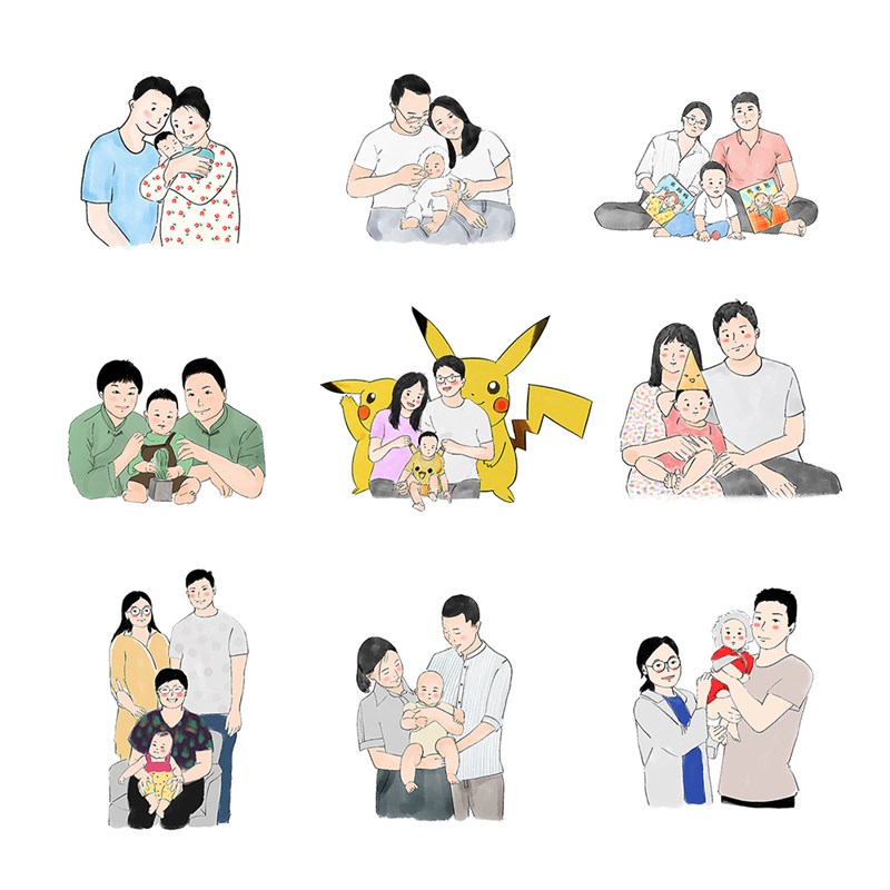 全家福绘画水彩照片转手绘卡通头像定制家人情侣结婚请柬画像礼物