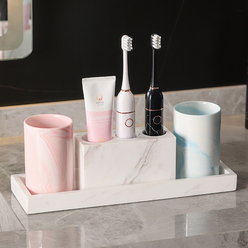 天然大理石电动牙刷置物架浴室高级感漱口杯套装洗U漱台牙具收纳