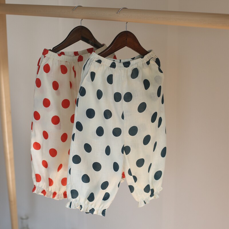 外婆家定制女童夏薄款两色波点洋气灯笼七分裤纯亚麻大屁屁防蚊裤