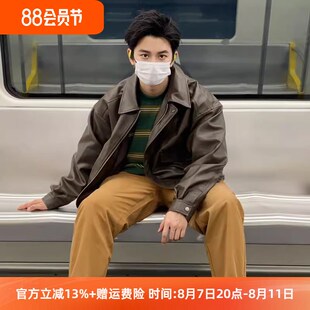 【鹿森】咖啡色机车皮衣外套男女款秋季新款复古PU皮夹克潮流上衣