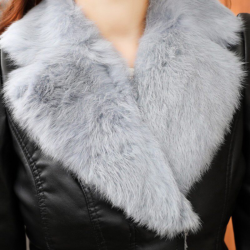 真毛领兔毛大翻领短款加绒加厚皮衣女2021冬季新款修身显瘦皮外套