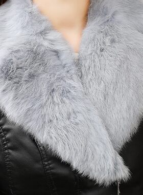 真毛领兔毛大翻领短款加绒加厚皮衣女2021冬季新款修身显瘦皮外套
