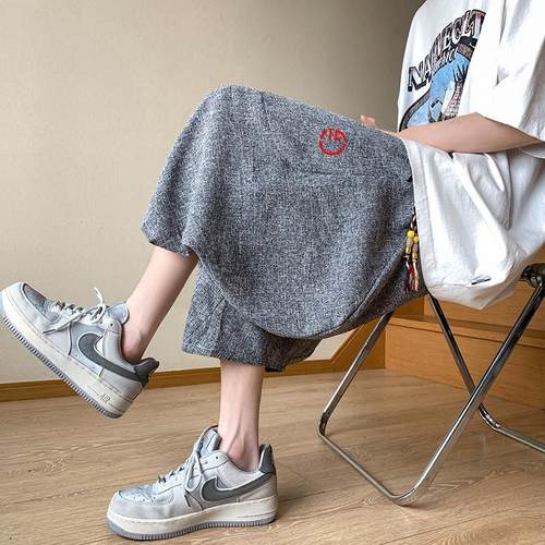 亚麻七分裤男夏季薄款宽松阔腿裤加肥加大休闲短裤中国风棉麻裤子