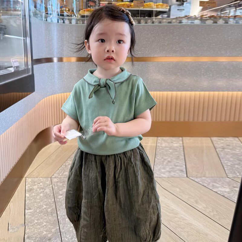 童装女童韩系穿搭套装春夏2025洋气女宝宝森系绿色短袖上衣灯笼裤