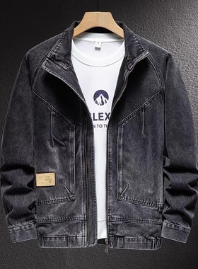 高端立领牛仔外套男拉链款宽松夹克复古潮牌机车外衣有型大码茄克