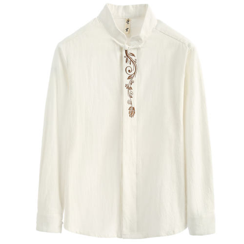 秋季唐装男衬衣中式复古改良打底衫棉麻刺绣长袖衬衫男中国风男装