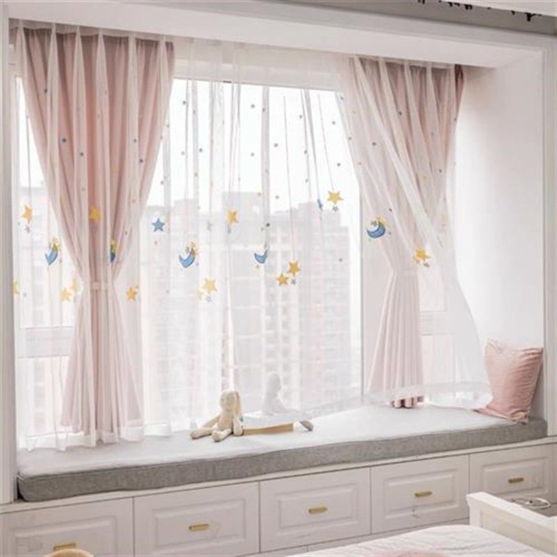 儿童房布纱一体窗帘卧室遮光双层纱帘飘窗粉色女孩房2022年新款布,居家布艺,成品窗帘,淘宝优惠券,粉丝福利购,淘宝优惠卷
