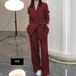 2023春秋新款大尺码女装胖妹m套装宽松显瘦外套西装阔腿裤两件套