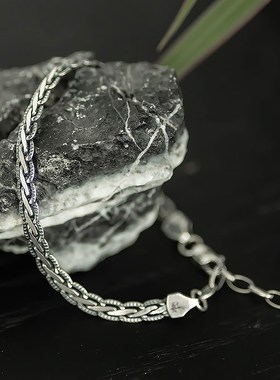 从欢 纯银925复古编织龙骨手链男女款麻花做旧斑驳质感七夕节礼物