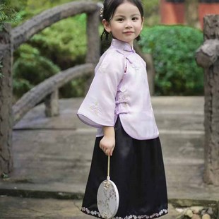 女童汉服中国风斜开襟唐装传统女孩民国服饰高档刺绣盘扣上衣浅紫