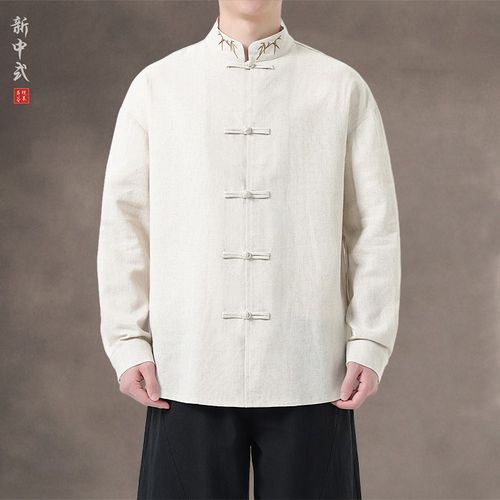 新中式休闲亚麻立领唐装衬衫中国风男装宽松大码长袖国风茶服上衣