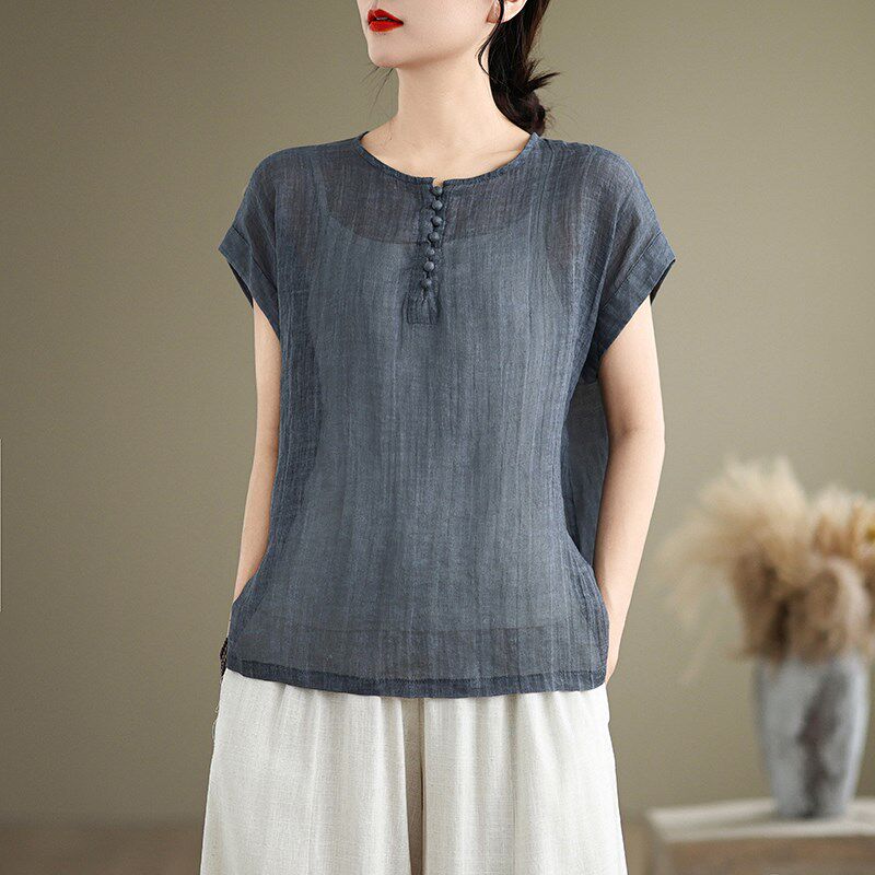 妈妈高端棉麻短袖t恤女士2025新款亚麻上衣中年妇女爆款苎麻小衫