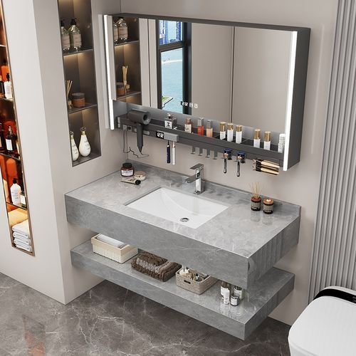 酒店风双层智能浴室柜组合卫生间洗漱台洗手池可定制大理石洗面盆