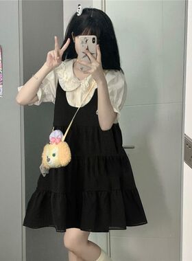 女童连衣裙2024新款夏季大童黑色洋气高级时髦学生短袖背带裙两件