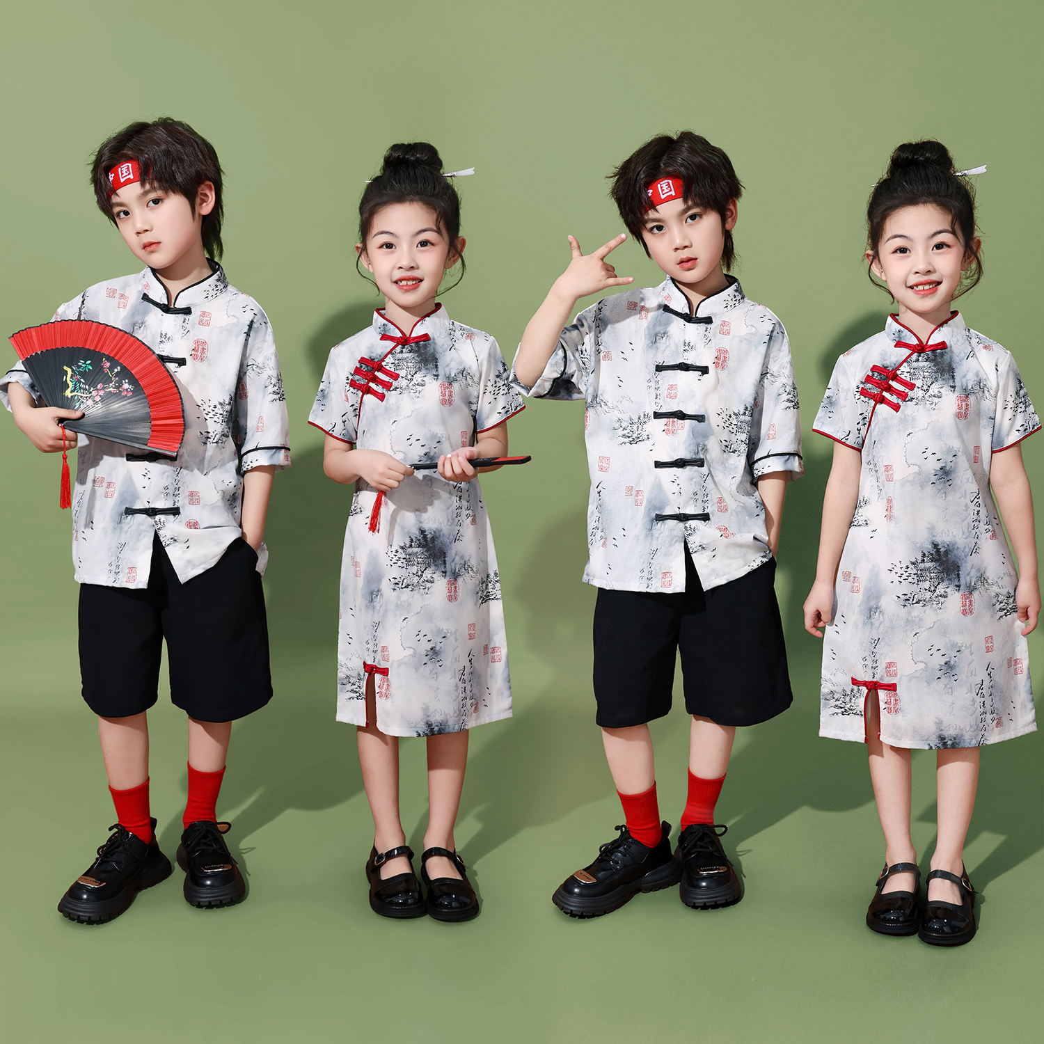 儿童中国风演出服少儿合唱表演服民族服装女童旗袍舞蹈服男童唐装