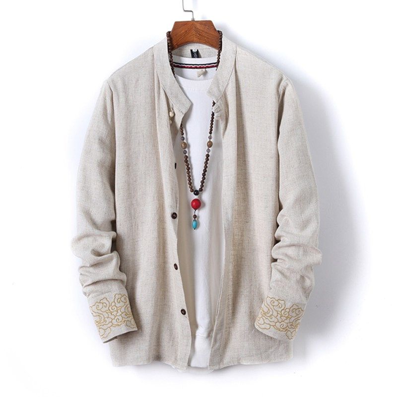 新中式高级感棉麻衣春秋季长袖衬衫祥云刺绣立领衬衣外套男士唐装,男装,唐装,淘宝优惠券,粉丝福利购,淘宝优惠卷