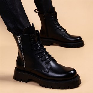 皮靴男真皮大头英伦风中帮马丁靴男黑色内增高冬季加绒高帮皮鞋男