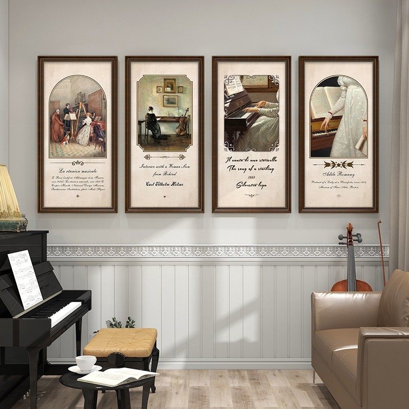 美式复古人物入户玄关装饰画音乐教室走廊过道挂画英文壁画竖版