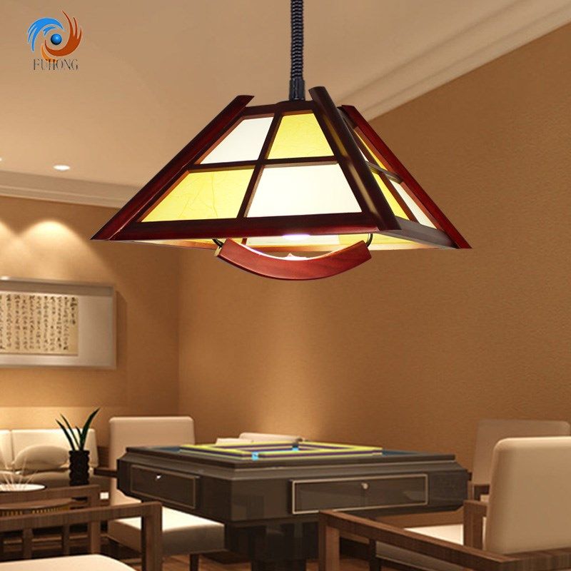 麻将灯 升降吊灯led中式木质仿古伸缩实木羊皮书房手拉带开关吊灯