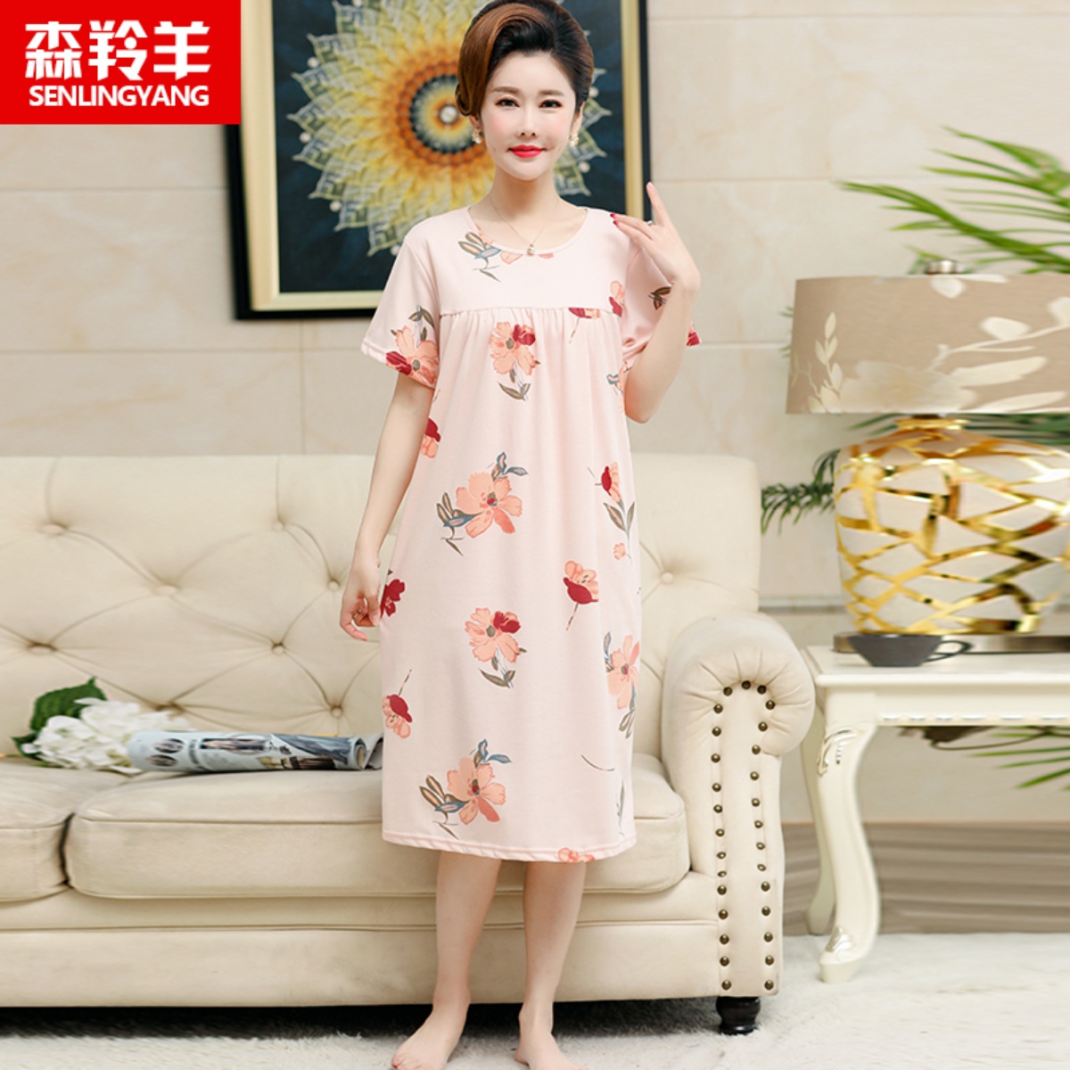 睡裙女士夏季中年人妈妈纯棉短袖中长款裙子家居服夏天薄款睡衣裙