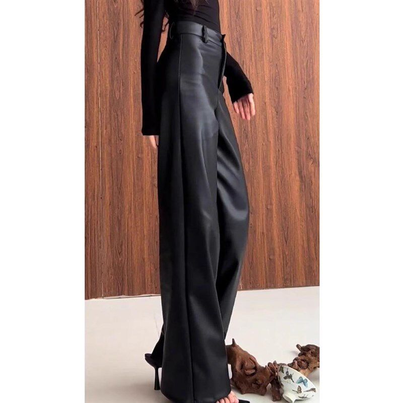 2024秋冬新款高级感赫本风高腰显瘦休闲百搭黑色直筒阔腿皮裤