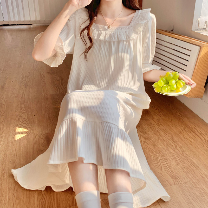 纯棉睡裙女春夏款2023年新款甜美宫廷蕾丝方领公主全棉睡衣家居服