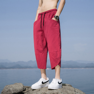 棉麻薄款 夏季 大码 宽松休闲裤 纯棉八分裤 潮流胖子九分裤 中国风男士