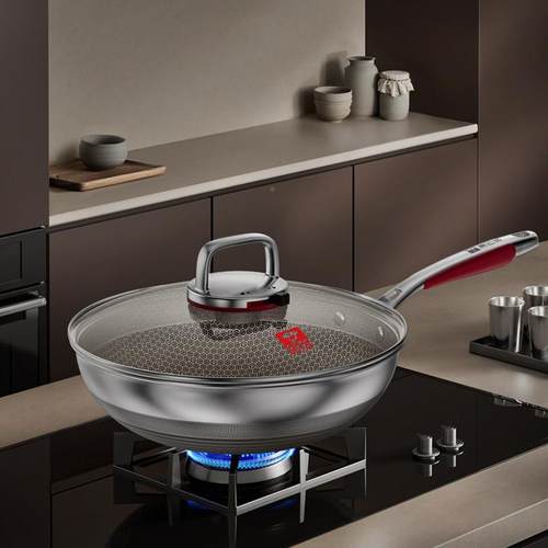 源选新款锅3锈0炒4食级0氟铁锅家品用炒438菜不钢真钛不粘锅