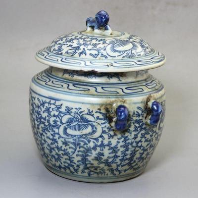 古玩古做罐旧收复藏摆饰瓷器青手绘花青VEF花子储物罐家居摆件