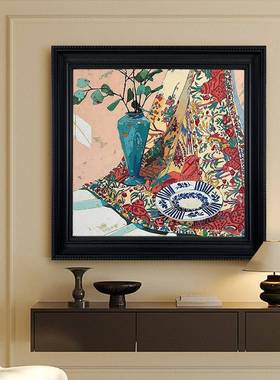 美式复古红色关手绘油画厅静物抽FM895350象装饰画方形客肌厅餐挂