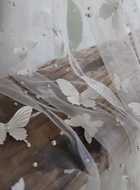 白色立纱体蝴蝶头面料婚纱重工珍珠纱网布料超大款婚纱拖裙尾A02S