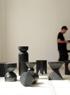 北OFE实木碳黑色件几何实木墩坐凳欧火烧原木民宿摆边化角几树桩