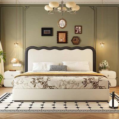 冬复古风波浪ELR猫床爪皮主卧室双人熊涟储漪皮艺齐边高箱物三抽