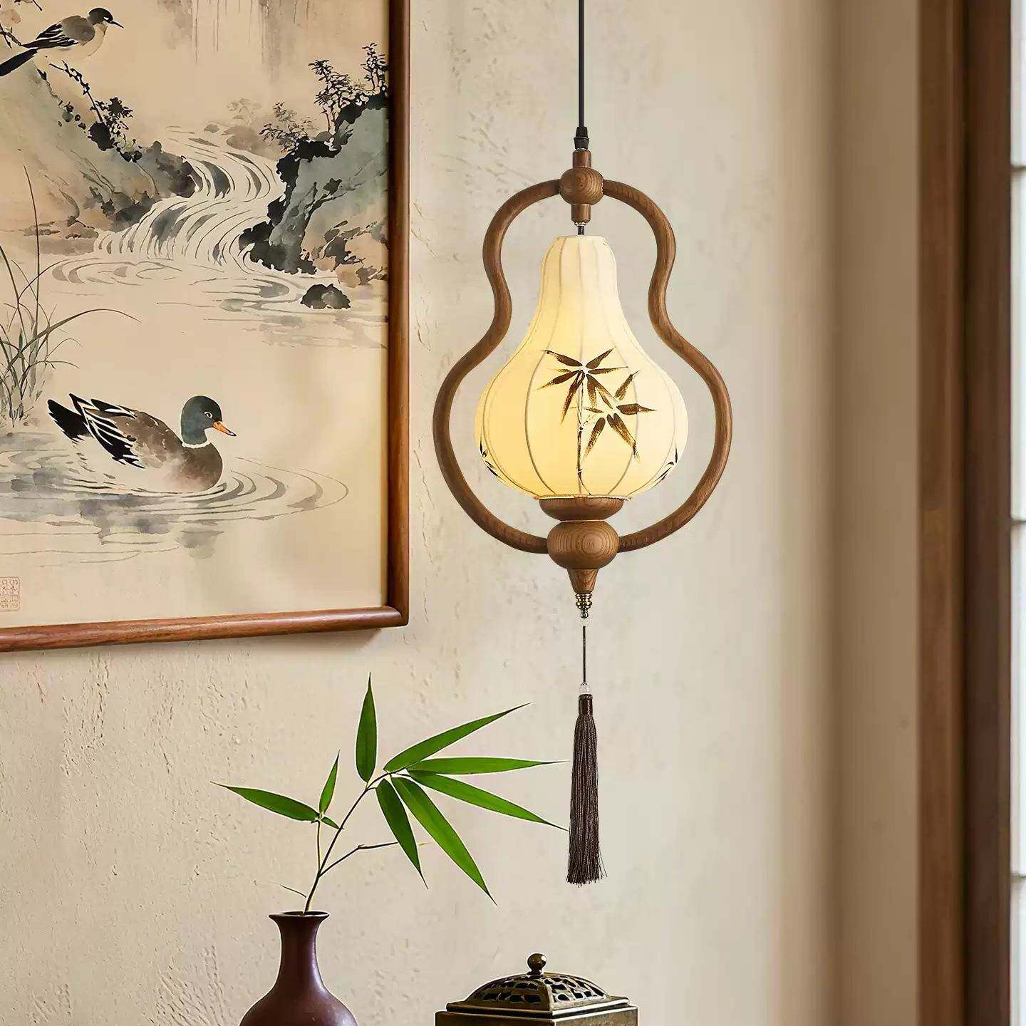 芦宋代美学中式禅意灯具玄卧室小吊灯关护眼实木台葫造型茶玄关吊