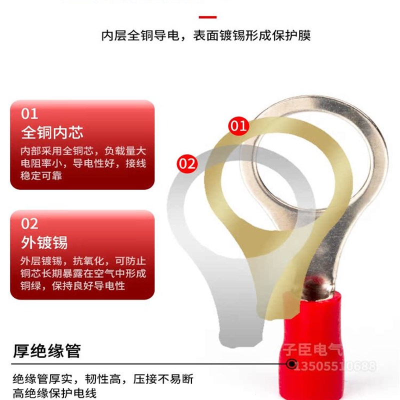 RV1.5/2.5k/3-4/5接线端子头圆形O型冷压线鼻子预绝缘带护套铜线