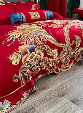 大红色刺YLS-2绣庆100支纯棉四件套结婚床单被床上用套品1婚8.m价
