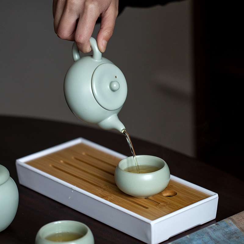 汝窑旅行茶具便携式套装一壶两杯户外简约茶盘复古陶瓷泡茶器茶壶