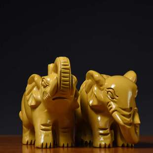 大象摆件一对木雕工艺品实木木头仿古小象家居装饰黄色木吉祥摆设
