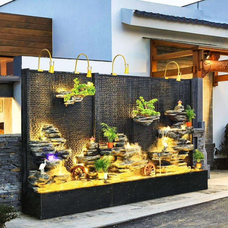 假山流水喷泉户外别墅花园庭院酒店鱼池造景水幕墙屏风隔断摆件