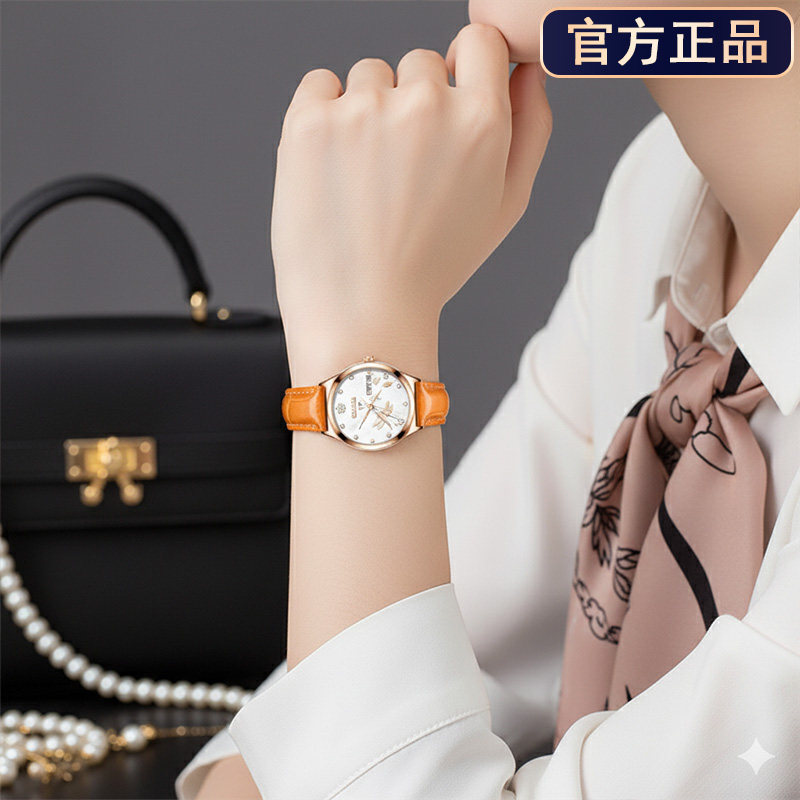 瑞士认证官方正品牌手表女士全自动机械表蝴蝶浮雕皮表带送礼腕表