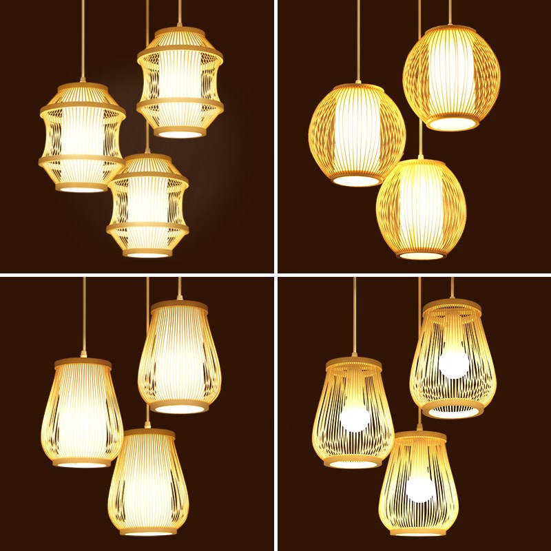 日式榻榻米茶室竹艺吊灯卧室床头吊灯三头餐厅竹灯客厅卧室多头