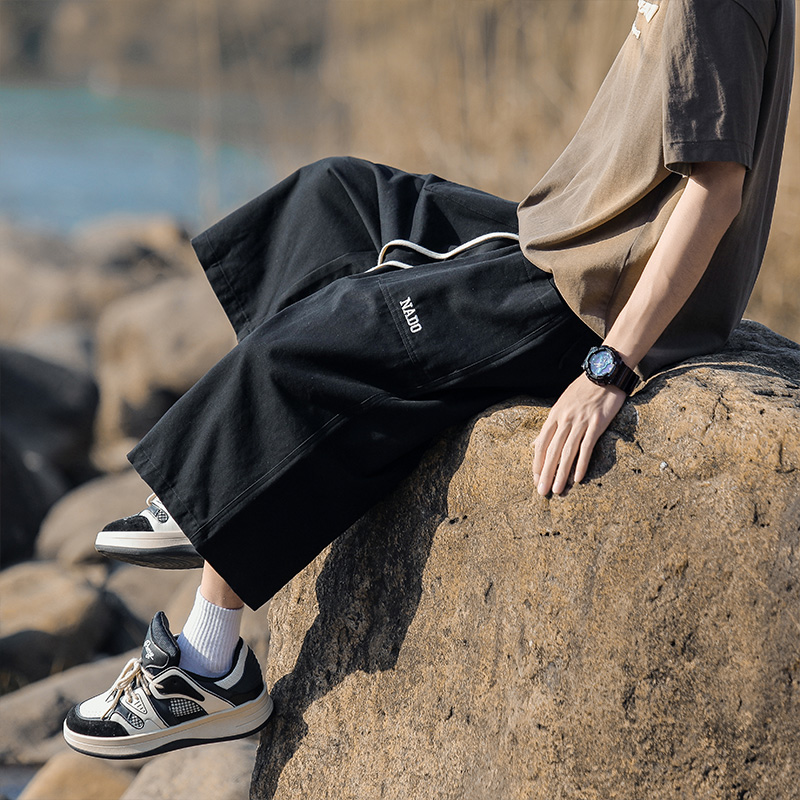 日系阔腿纯棉七分工装裤子男士夏季薄款夏天直筒宽松运动休闲短裤