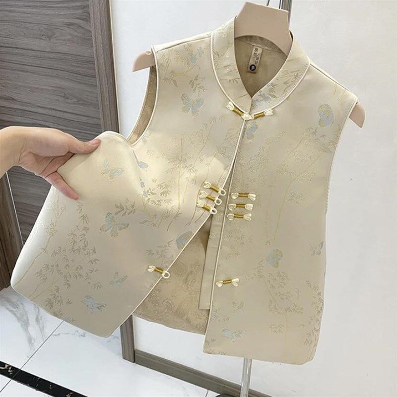 2025春秋新中式国风宋锦提花立领马甲女新款宽松百搭盘扣无袖坎肩